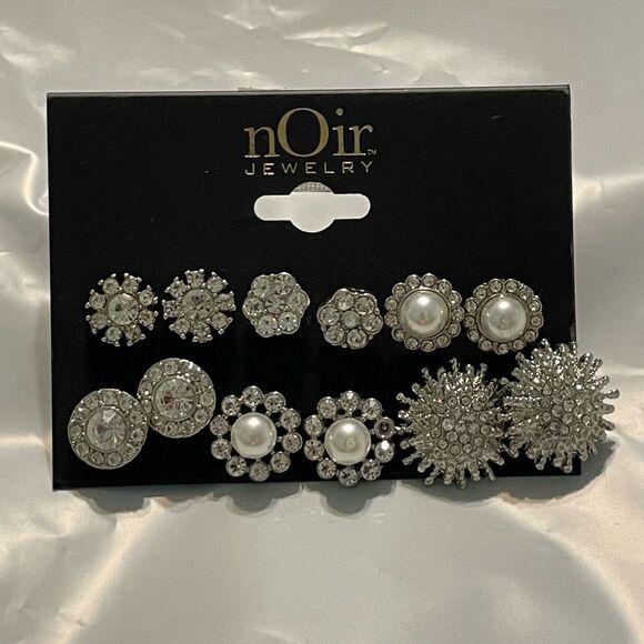 Noir Rhinestone Occasion Earring Set Silver Plated Brass Faux Pearls CZ 6 Pairs - Picture 6 of 6